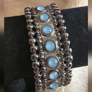 Silver Tone Beaded Bracelet with Blue Jem Accents